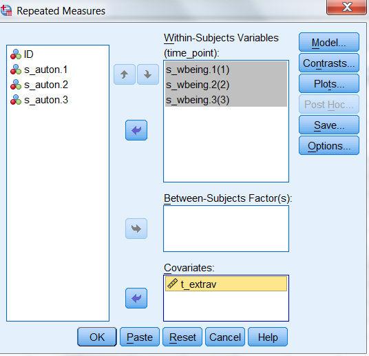 Figure 7 How to set up the analysis for odel A using SSS for Repeated-measures analysis.