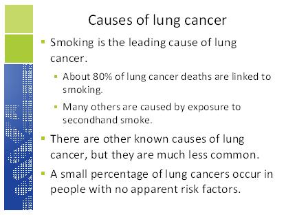 Slide 10 We will discuss other causes of lung cancer later on in this talk. Slide 11 A risk factor is anything that affects your chance of getting a disease such as cancer.