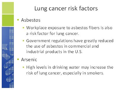 Slide 15 Bullet #1: People who work with asbestos (in some mines, mills, textile plants, places where insulation is used, shipyards, etc.) are several times more likely to die of lung cancer.