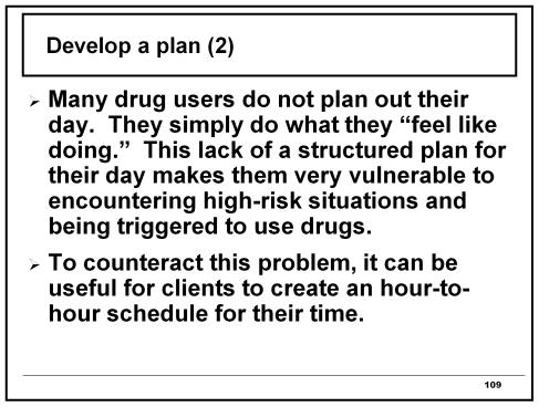 Develop a plan (2) Many drug users do not plan out their day. They simply do what they feel like doing.