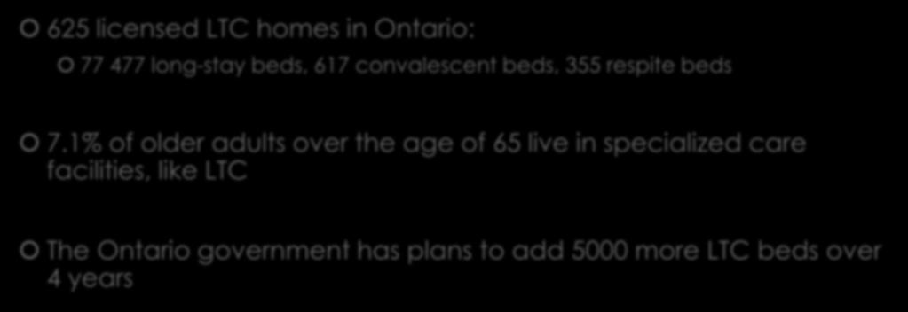 Long-Term Care (LTC) 625 licensed LTC homes in Ontario: 77 477 long-stay beds, 617 convalescent beds, 355 respite beds 7.