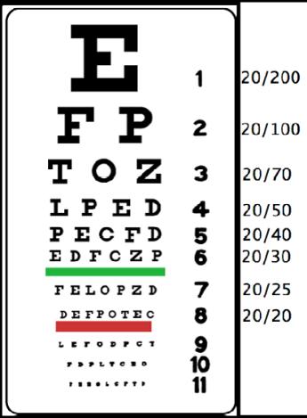 professionals use variations, including a projected chart. As you can see from the Snellen chart below, each line of the chart equates to a different visual acuity.