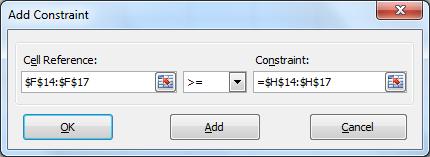Diet Problem: Dialog Box ( of 6) The Add button will allow us to include all the other constraints to SOLVER.