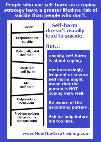 Mind the care 07872 102626 The suicide ladder For most people self-harm is a coping strategy that has nothing to do with suicide.
