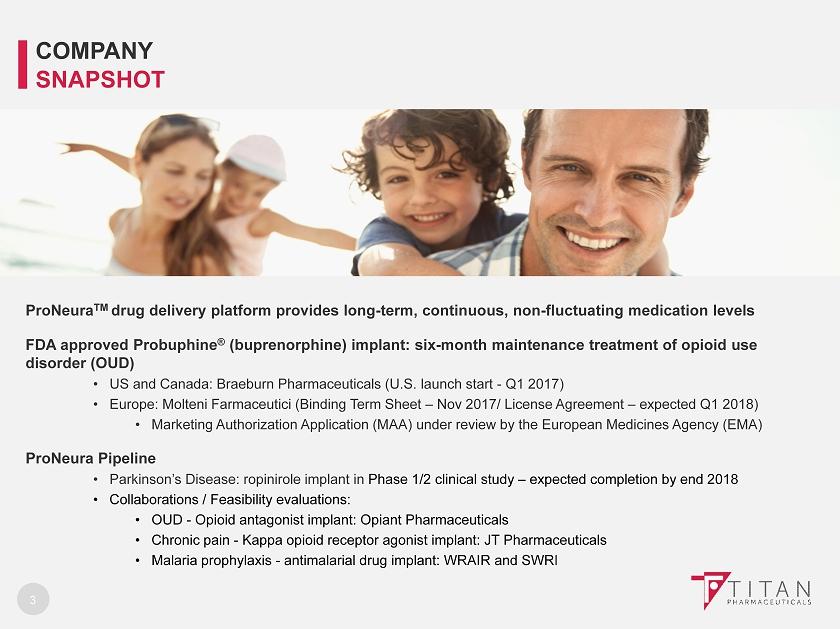 3 ProNeura TM drug delivery platform provides long - term, continuous, non - fluctuating medication levels FDA approved Probuphine (buprenorphine) implant: six - month maintenance treatment of opioid