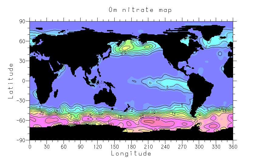 Dust flux overlaid on the NO 3 distribution (µm) in the upper ocean NOAA world ocean atlas,