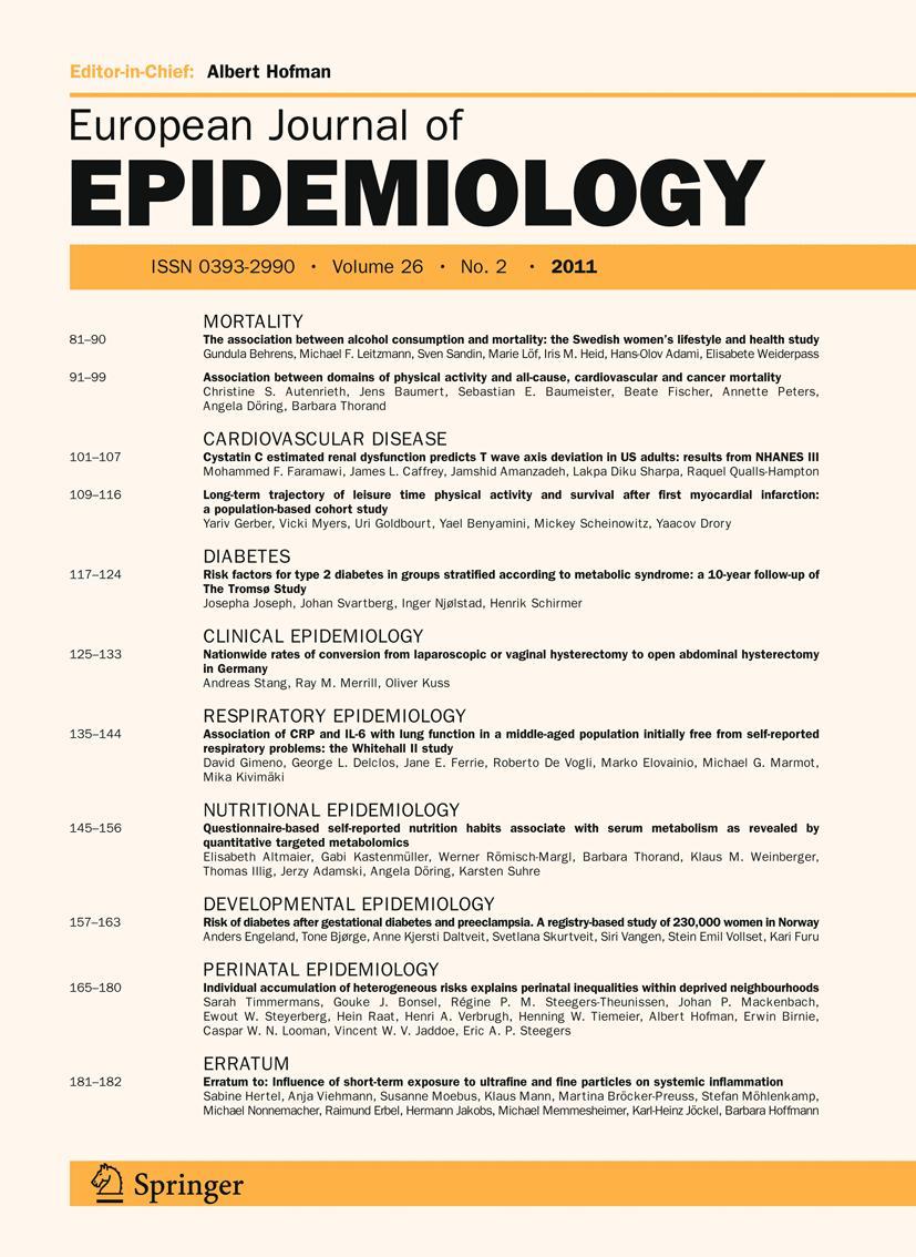 European Journal of Epidemiology ISSN 0393-2990 Volume 26 Number