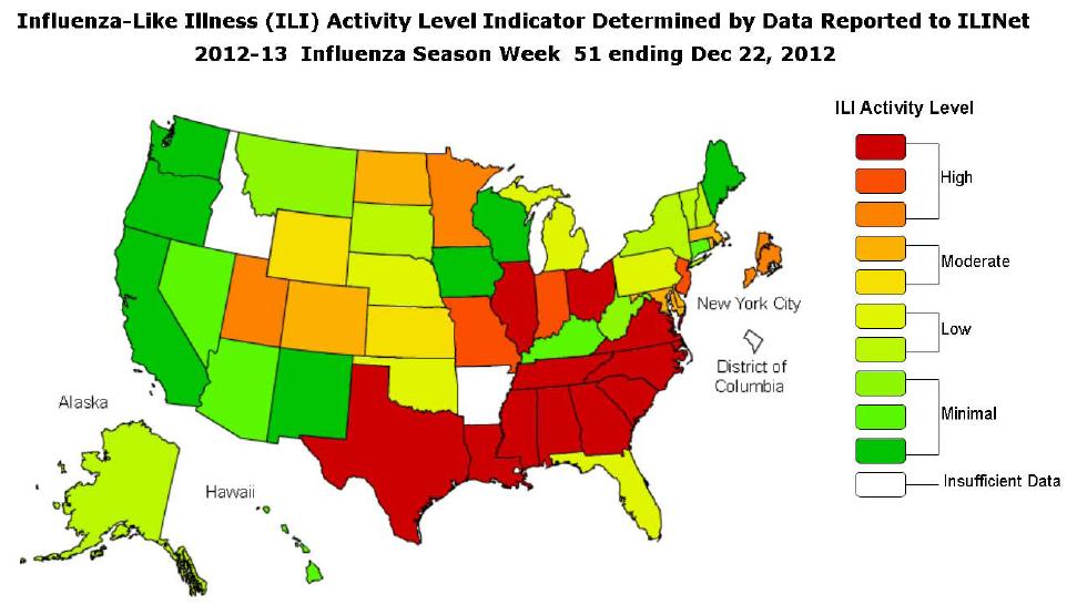 This map uses the proportion of outpatient visits to healthcare providers for influenza-like illness to measure the ILI activity level within a state.