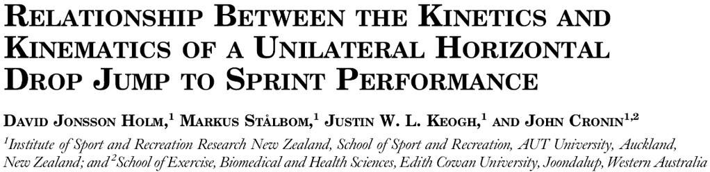 Subjects: 20m participating in various regional sports Methods: Single Leg Horizontal Drop Jump at 20cm (SLDJ) was correlated to 5, 10, and 25m sprints Results: The SLDJ correlated to all sprint