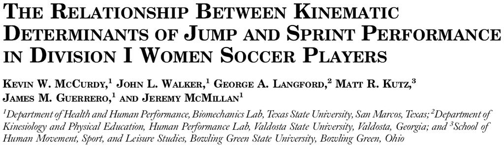 61*) Conclusion: Unilateral horizontal jumping has a strong relationship with sprinting and should be used as a testing/training modality to improve acceleration Subjects: 15f NCAA D1 Soccer Players