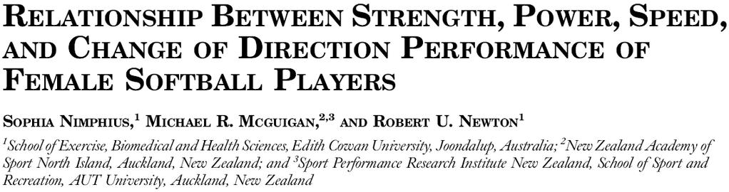 Subjects: 10f Softball Players (Australian Institute of Sport) Methods: Pre, Mid, and Post testing 3RM Testing (Relative Strength: Predicted 1RM/BW) CMJ BW, +40%1RM, +60% 1RM, +80%1RM Sprint (Split: