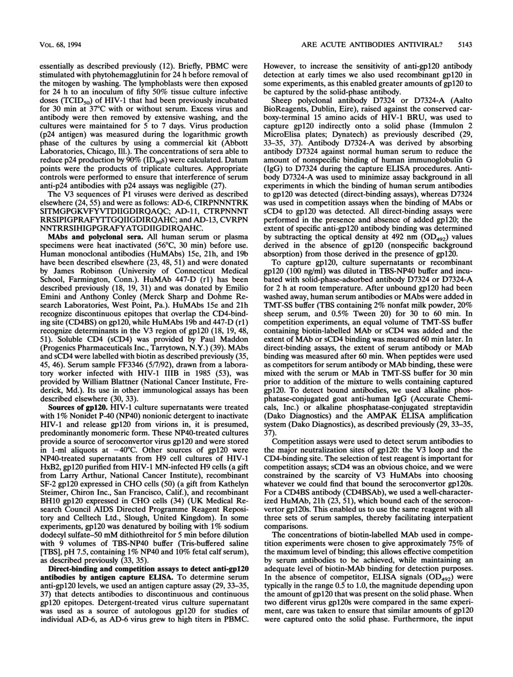 VOL. 68, 1994 essentially as described previously (12). Briefly, PBMC were stimulated with phytohemagglutinin for 24 h before removal of the mitogen by washing.