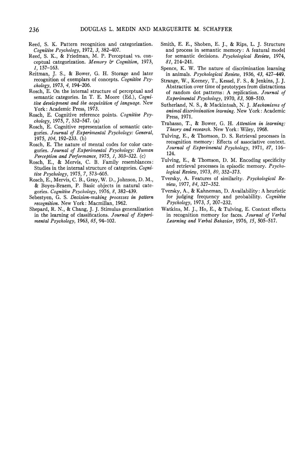 36 DOUGLAS L. MEDIN AND MARGUERITE M. SCHAFFER Reed, S. K. Pattern recognition and categorization. Cognitive Psychology, 9, 3, 38-. Reed, S. K., & Friedman, M. P. Perceptual vs.