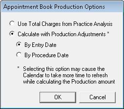 Calculate with Production Adjustments Calculates production from the total charges and production adjustments as set in the Practice Advisor Report, A/R Totals Report, DXPort, and completed