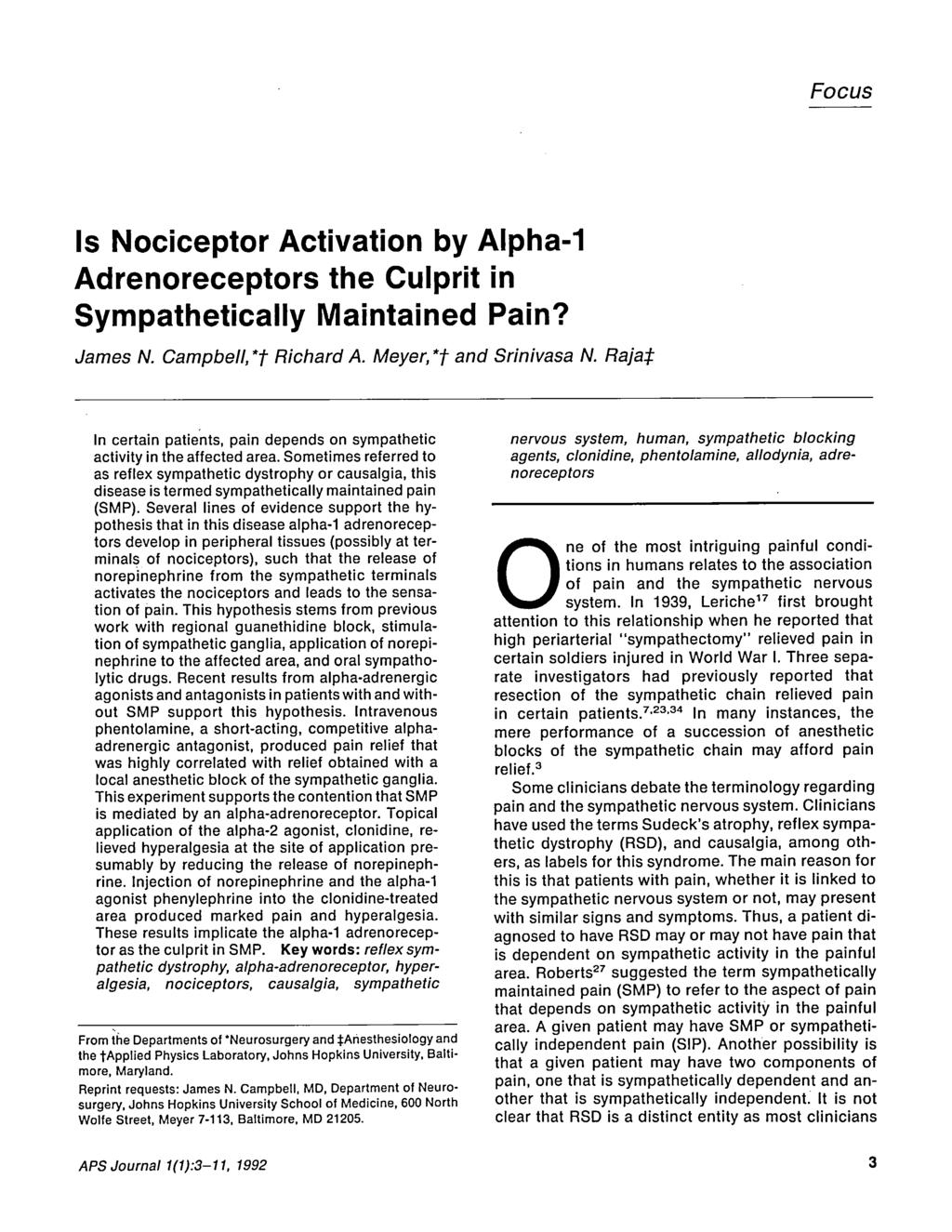 Focus Is Nociceptor Activation by Alpha-1 Adrenoreceptors the Culprit in Sympathetically Maintained Pain? James N. Campbell, *t Richard A. Meyer, *t and Srinivasa N.