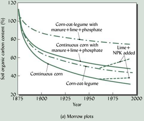 Factors controlling the rate of (S)OM Accumulation/Decay Influence of rotations, residues, and plant nutrients Rotation vs continuous corn: higher SOM due to less tillage and more root residues