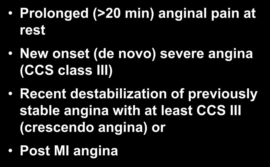 Clinical presentation of ACS Prolonged (>20 min) anginal pain at rest New onset (de novo) severe angina (CCS class