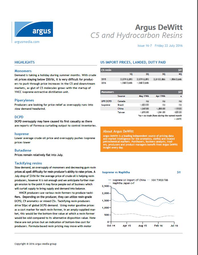 C5 and Hydrocarbon Resins Newsletter Provides essential information on supply and demand fundamentals, trade flows and industry news of global C5 monomers and polymers, as well as complementary and