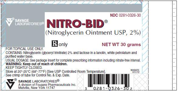 NDC 0281-0326-30 SAVAGE LABORATORIES NITRO-BID (Nitroglycerin Ointment USP, 2%) Rx only NET WT 30 grams PACKAGE LABEL PRINCIPAL