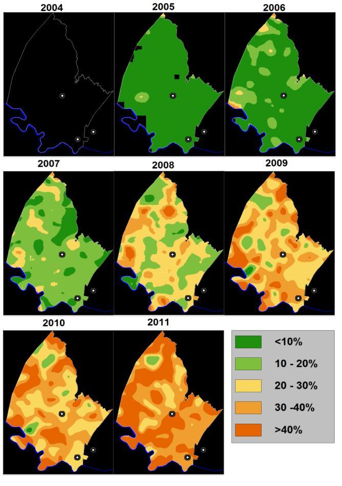 ART coverage significantly decreased Maps showing the estimated percentage of HIV + adults ( 15 years of age) on ART across the Africa Centre s surveillance area (2004 to 2011) individual risk