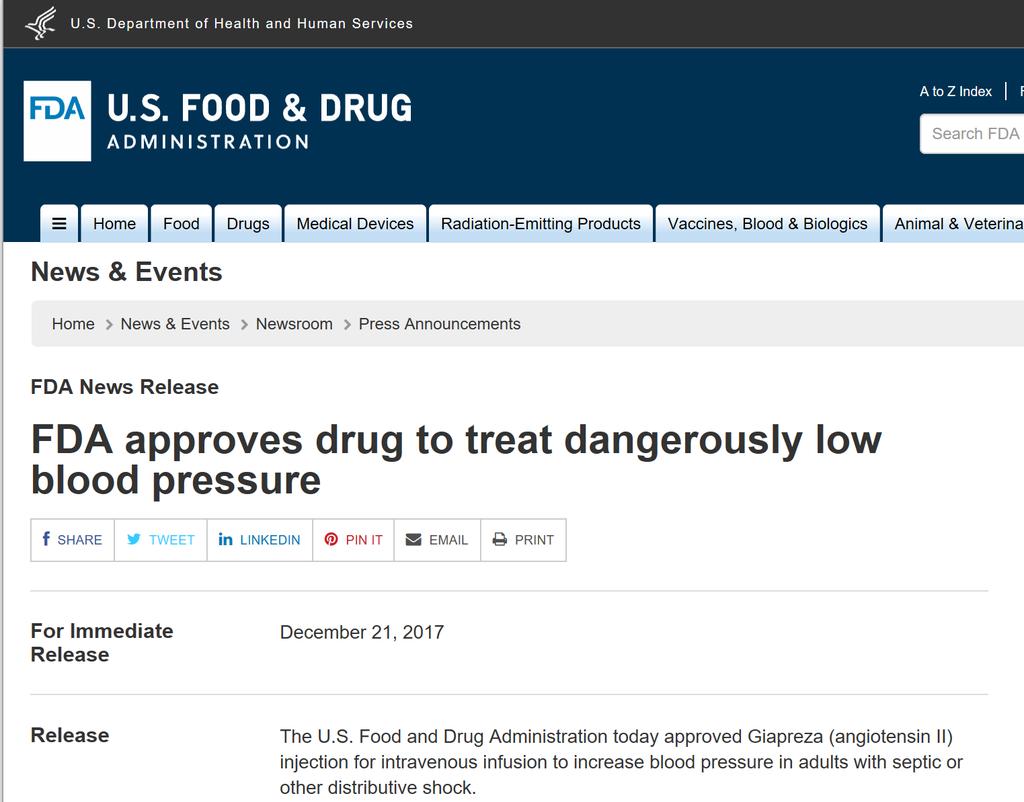 GIAPREZA Now Approved GIAPREZA (angiotensin II) Injection for Intravenous Infusion is indicated to increase blood pressure in adults with septic or other distributive shock "We appreciate FDA's rapid
