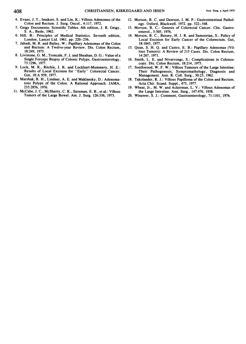 408 CHRISTIANSEN, KIFRKIEGAARD AND IBSEN Ann. Surg. * April 1979 4. Evans, J. T., Imakori, S. and Lin, K.: Villous Adenomas of the Colon and Rectum. J. Surg. Oncol., 4:117, 1972. 5.