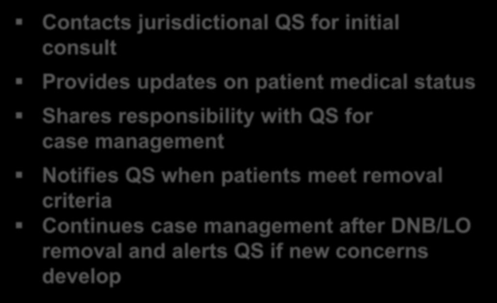 Health Department Roles Contacts jurisdictional QS for initial consult Provides updates on patient medical status Shares responsibility with QS for