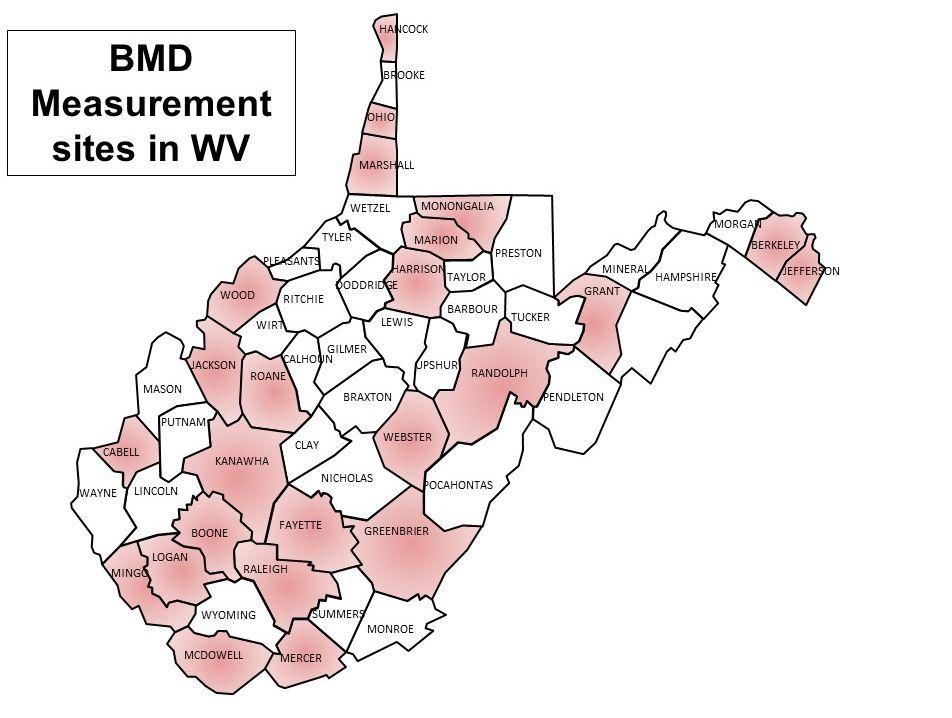 The Elder Mountaineer: Medical Issues of an Aging Rural Population Figure 1: Map of West Virginia s 55 counties with highlighted counties indicating the presence of a free standing DXA unit.