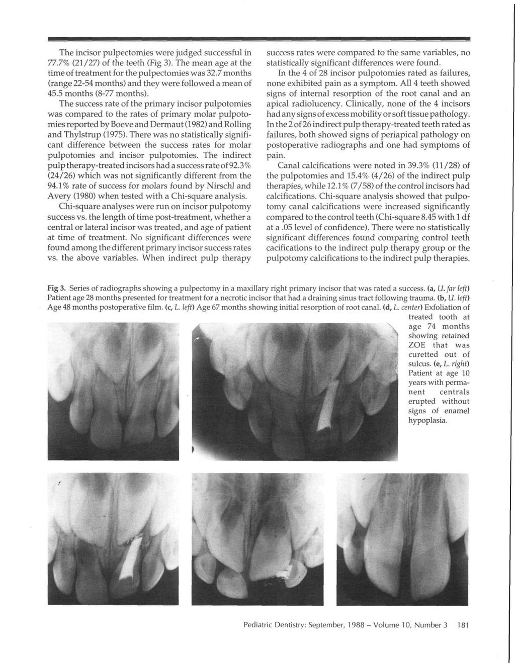 The incisor pulpectomies were judged successful in 77.7% (21/27) of the teeth (Fig 3). The mean age at the time of treatment for the pulpectomies was 32.