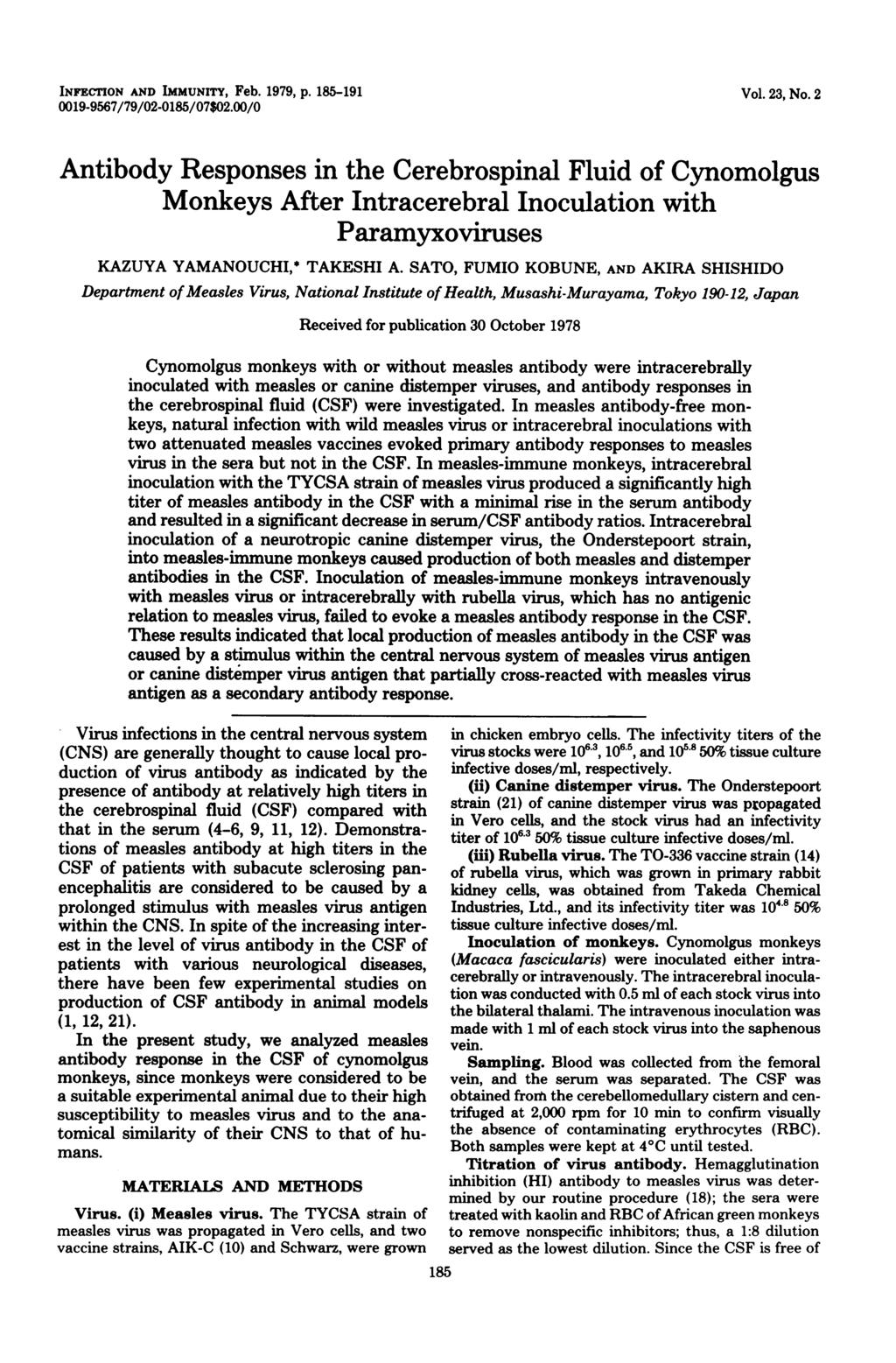 INFECTION AND IMMUNITY, Feb. 1979, p. 185-191 19-9567/79/2-185/7$2./ Vol. 23, No.