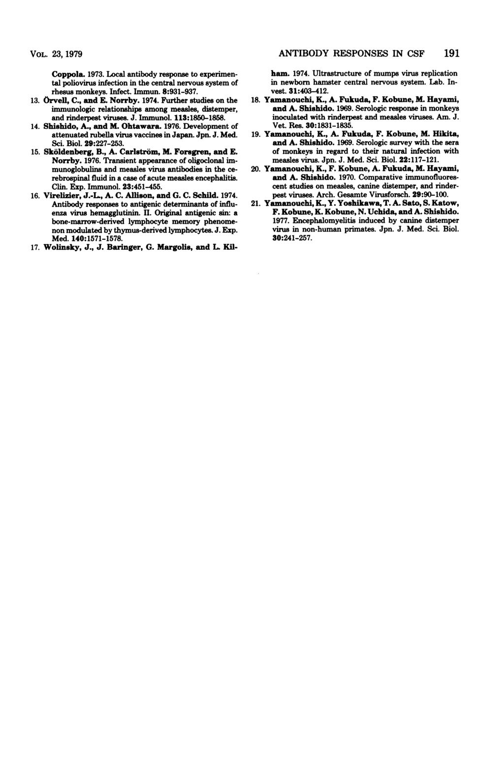 VOL. 23, 1979 ANTIBODY RESPONSES IN CSF 191 Coppola. 1973. Local antibody response to experimental poliovirus infection in the central nervous system of rhesus monkeys. Infect. Immun. 8:931-937. 13.