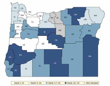 The blue map displays Oregon s summary ranks for health factors, based on weighted scores for health behaviors, clinical care, social and economic factors, and the physical environment.