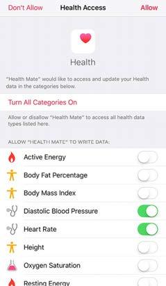 Managing my data Sharing my data with Apple Health The Nokia Health Mate app can share the following data with Apple Health: Diastolic Blood Pressure Heart Rate Systolic Blood Pressure