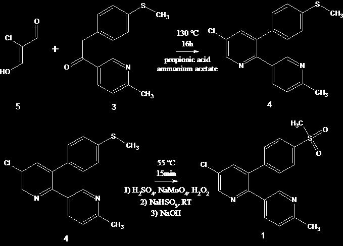 5-Chloro-3-(4-methylthiophenyl)-6 -methyl-[2,3 ]bipyridine (4) by condensation of methylthiobenzylpyridylketone (3) with 2-chloromalonaldehyde (5) in acidic condition: Methylthiobenzylpyridylketone