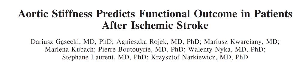 99 patients (63±12 yrs) with acute ischemic stroke. PWV measured at 7 days. PWV = dd/t x 0.8 Functional recovery after stroke measured at 90 days using the modified Rankin scale.