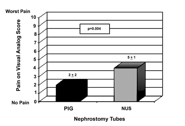 Figure 2 Postoperative day-1 pain. 10.88 ± 6.19 hours NUS). Neither catheter was superior in regards to change in Hgb (0.96 ± 0.53 mg/ dl NUS, 2.16 ± 0.53 mg/dl PIG) (p = 0.15); change in Crt (0.