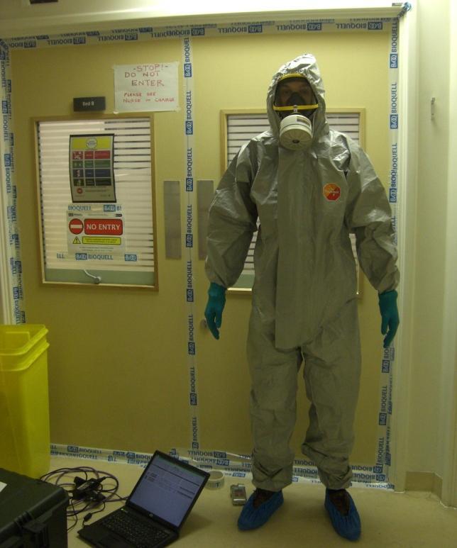 Terminal room disinfection: case study PPE: Full Tyvek suit Double overshoes Double gloves Face mask FFP3 (N95) respirator A patient with Lassa fever (VHF virus) died in an ICU room on the day of
