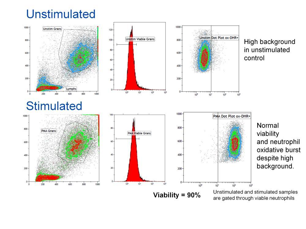 In this test, we assess neutrophil oxidative burst on viable neutrophils; and as demonstrated in this slide, the left-most histogram or slide shows the forward- and side-scatter plots for neutrophils.
