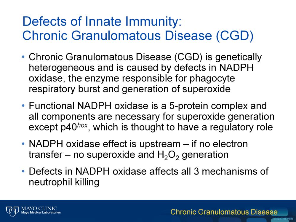 This slide provides some background information on the specific primary immunodeficiency (PID) called chronic granulomatous disease or CGD.