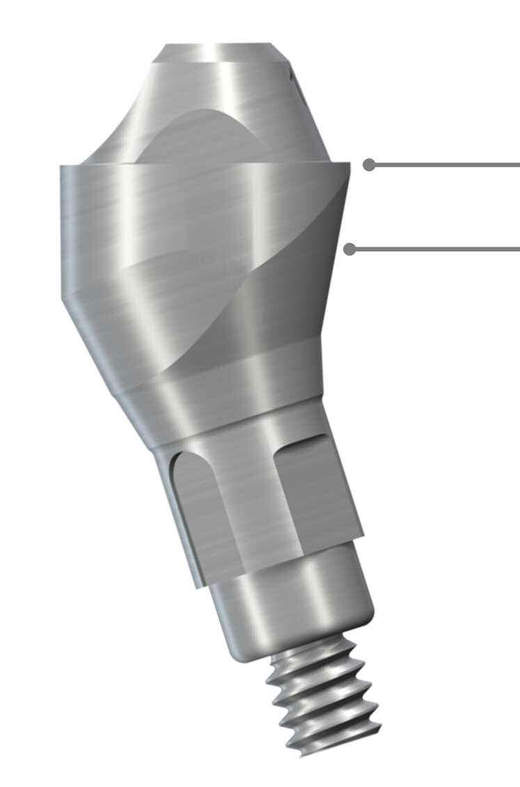 Abutment technical features Requirements for tilted implant type restorations Short connector H: 1.8mm Flat, Wide shoulder 0.