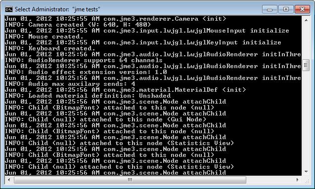4. Making jme Less Verbose When I was testing the examples, jme kept producing a lot of information messages on the command line.