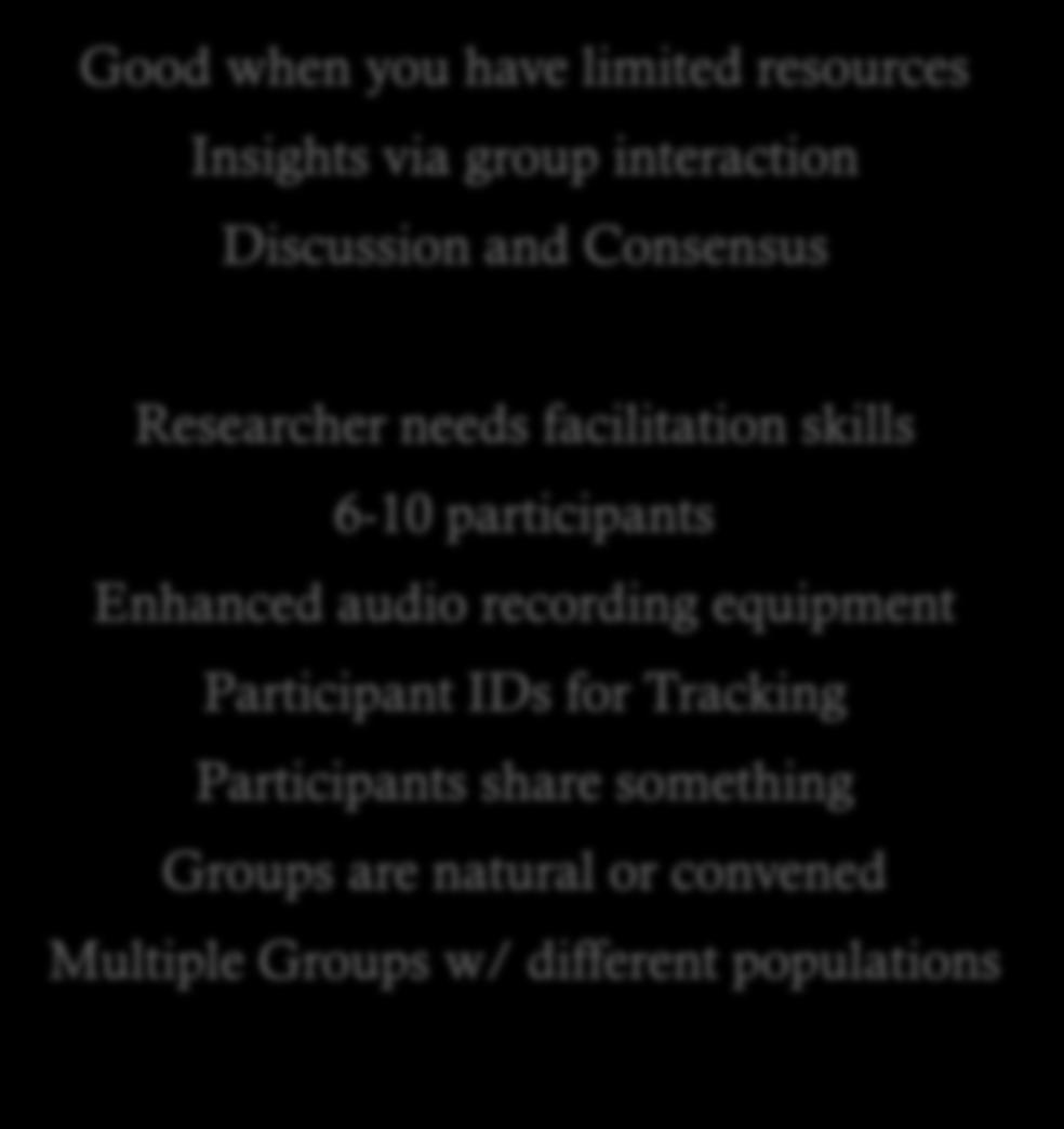 Focus Groups Good when you have limited resources Insights via group interaction Discussion and Consensus Researcher needs facilitation skills 6-10 participants