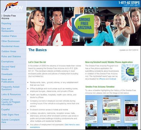 The image below is a print screen of the recently updated Smoke-Free Arizona Program website.
