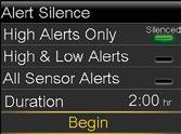 3) Select Alert Silence. 4) Select the alerts that you want to be silenced. 5) Press to Duration and press. 6) Press to set the time that you want alerts to be silenced and press.