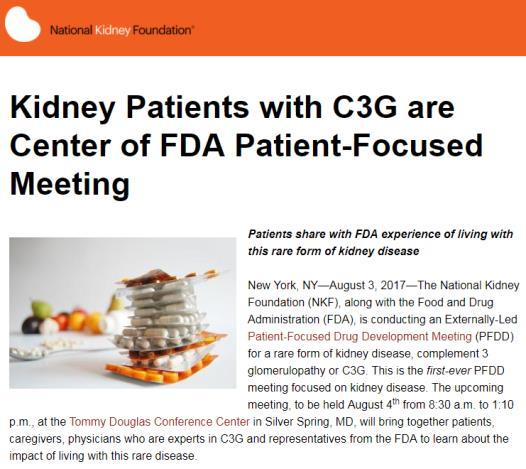 C3 GLOMERULOPATHY (C3G) Patient-Fcused Drug Develpment (PFDD) Meeting Achillin was lead spnsr f externally-led PFDD meeting fcused n C3G in August 2017 First PFDD meeting fcused n a renal disease Led