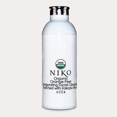 Niko: Organic Orange Peel Invigorating Facial Cleanser Product Description: USDA Certified Organic Powder-based facial cleanser enriched with Kakadu Plum.