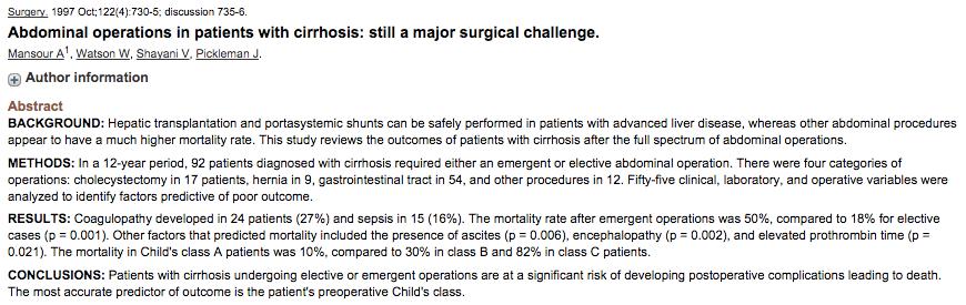 1997 92 patients with cirrhosis undergoing emergent or elective surgery 54 variables evaluated retrospectively CTP score most