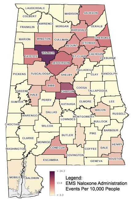 Vulnerable Alabama counties for an HIV and HCV outbreak among PWID* EMS naloxone administration events per 10,000 county residents in 2014.
