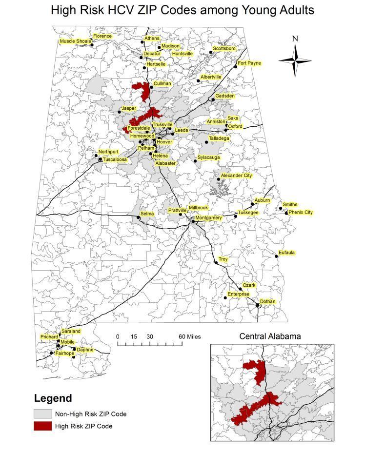 Vulnerable Alabama counties for an HIV and HCV outbreak among PWID* High-risk HCV prevalence