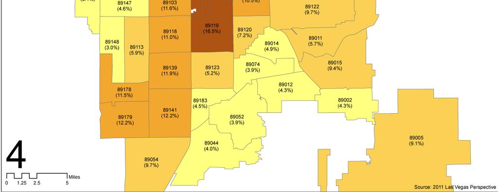 with health was educational attainment. Unlike poverty, this indicator showed improvement in 2010 compared with 2000 in Clark County, in the State of Nevada, and nationwide.